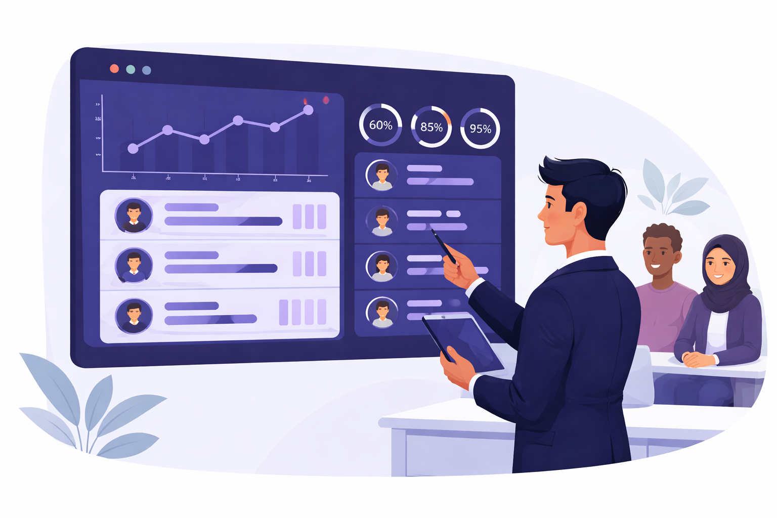 Teacher reviewing team progress data